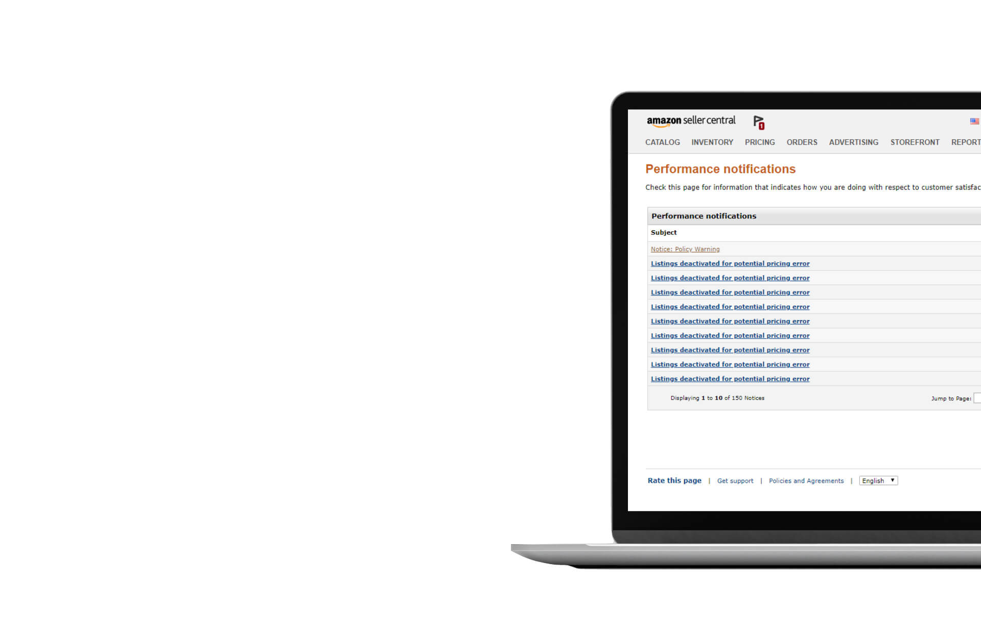 Amazon seller central website on laptop